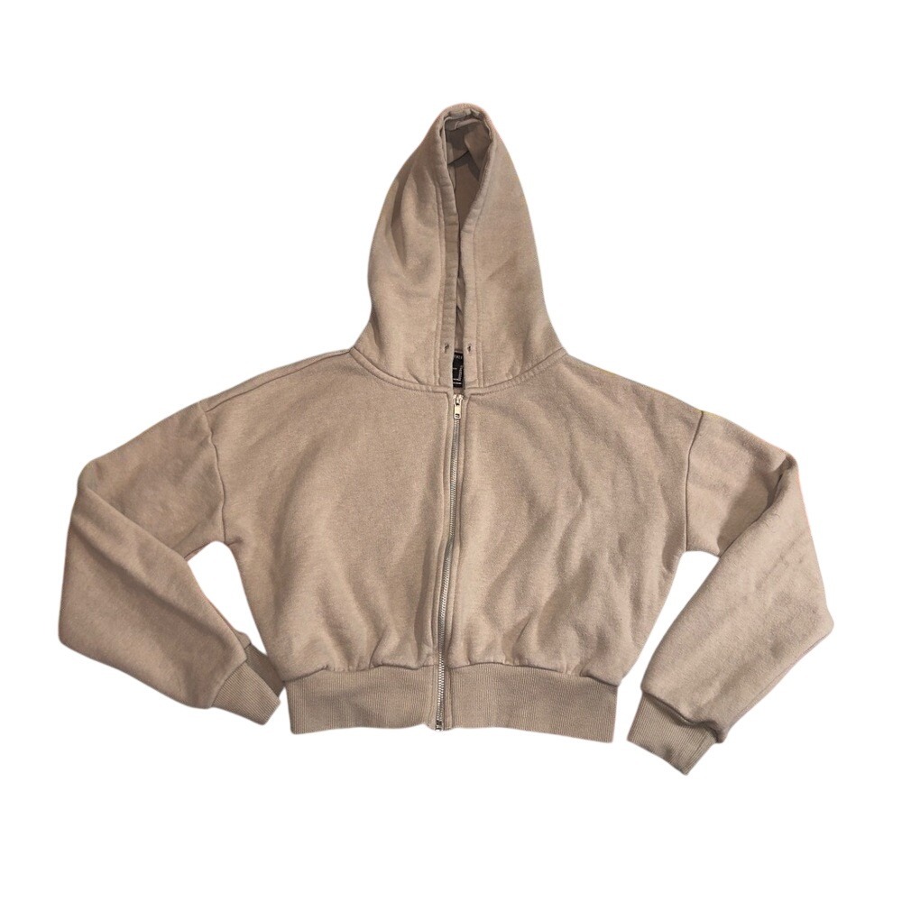 Forever 21 Tan Cropped Full Zip Up Hoodie Womens XS Beige Sweatshirt
